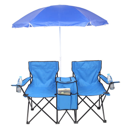 Double Folding Picnic Chairs w/Umbrella Mini Table Beverage Holder Carrying Bag - Home Brains And Brawn
