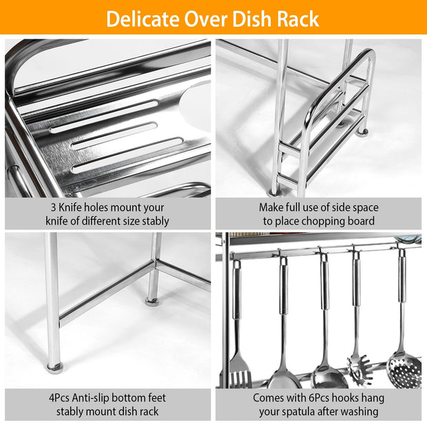 Over Sink Dish Drying Rack Shelf Stainless Steel Kitchen - HomeBrainsandBrawn