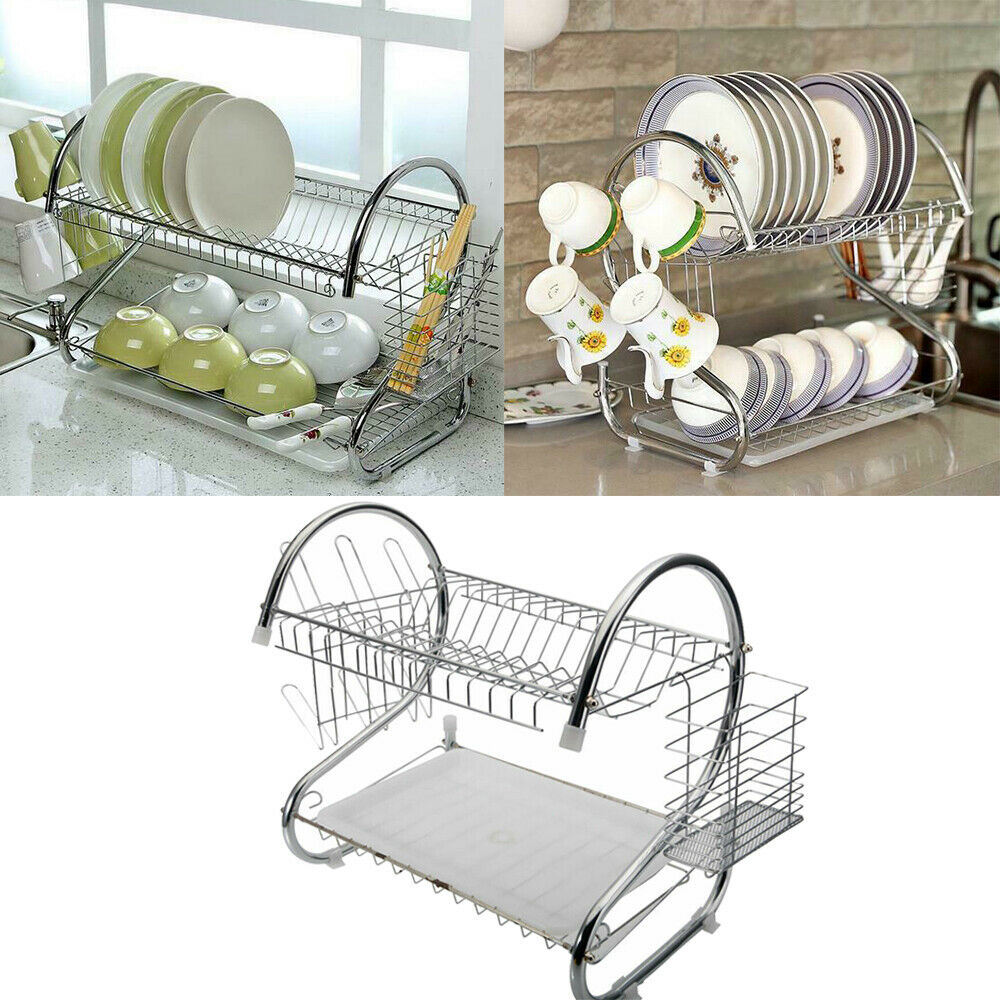 2 Tier Dish Drying Rack Drainer Stainless Steel Kitchen Cutlery Holder Shelf - HomeBrainsandBrawn