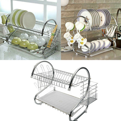 2 Tier Dish Drying Rack Drainer Stainless Steel Kitchen Cutlery Holder Shelf - HomeBrainsandBrawn