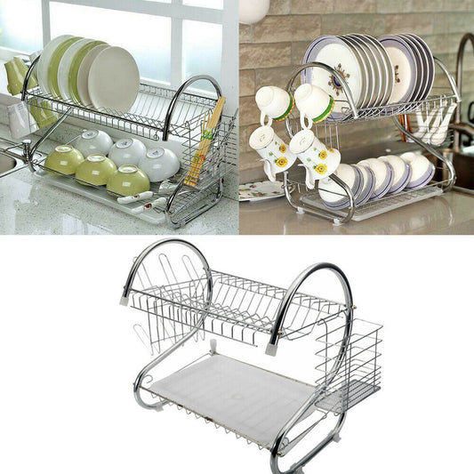 2 Tier Dish Drying Rack Drainer Stainless Steel Kitchen Cutlery Holder Shelf - HomeBrainsandBrawn