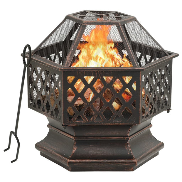 Rustic Hexagonal Fire Pit with Poker 24.4"x21.3"x22" XXL Steel - Home Brains And Brawn