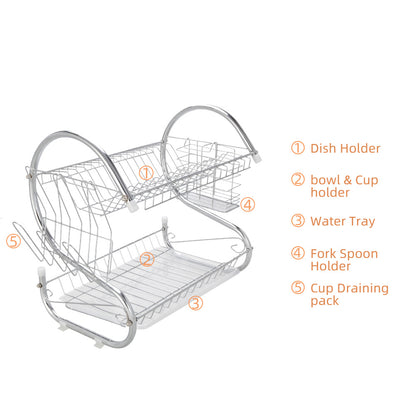 2 Tier Dish Drying Rack Drainer Stainless Steel Kitchen Cutlery Holder Shelf - HomeBrainsandBrawn