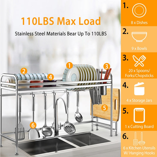 Over Sink Dish Drying Rack Shelf Stainless Steel Kitchen - HomeBrainsandBrawn