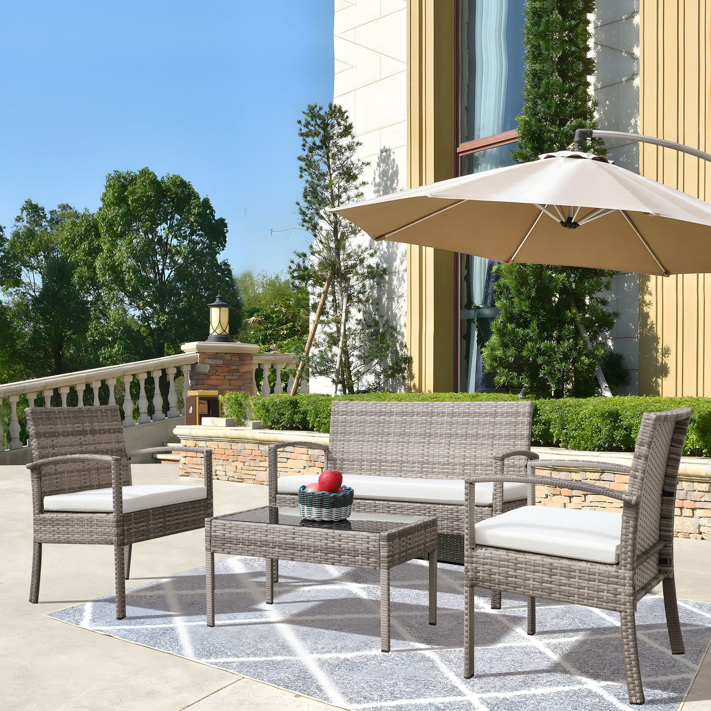 4 pieces outdoor rattan sofa patio furniture set gray