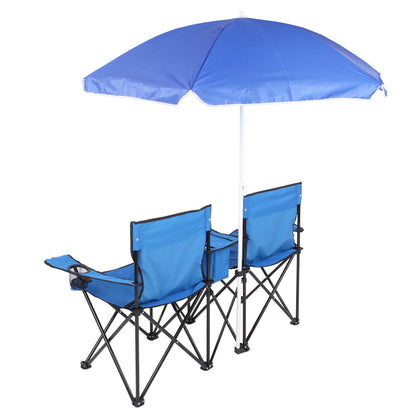 Double Folding Picnic Chairs w/Umbrella Mini Table Beverage Holder Carrying Bag - Home Brains And Brawn