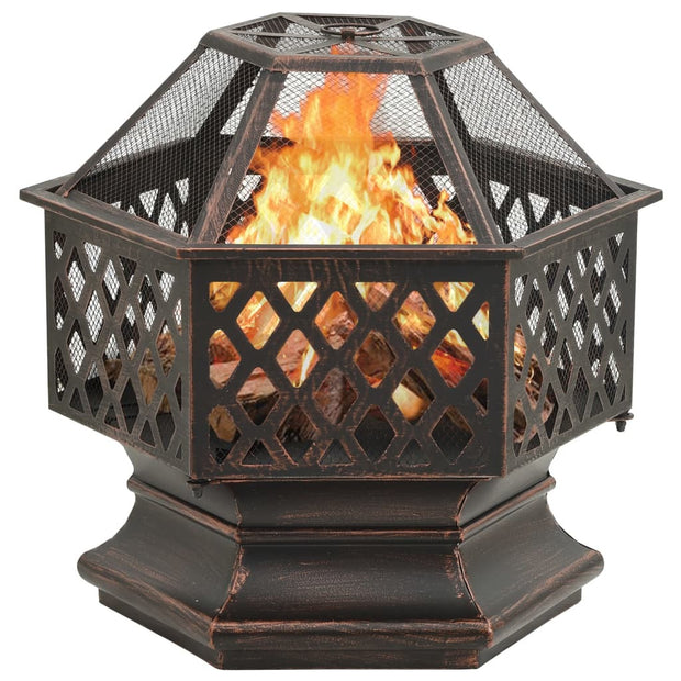 Rustic Hexagonal Fire Pit with Poker 24.4"x21.3"x22" XXL Steel - Home Brains And Brawn