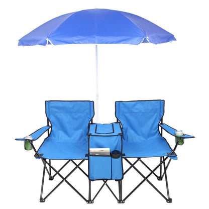 Double Folding Picnic Chairs w/Umbrella Mini Table Beverage Holder Carrying Bag - Home Brains And Brawn