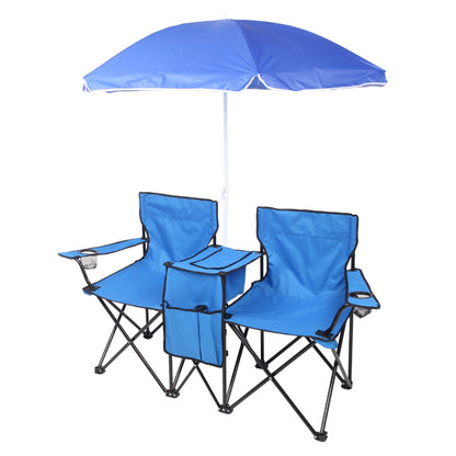 Double Folding Picnic Chairs w/Umbrella Mini Table Beverage Holder Carrying Bag - Home Brains And Brawn