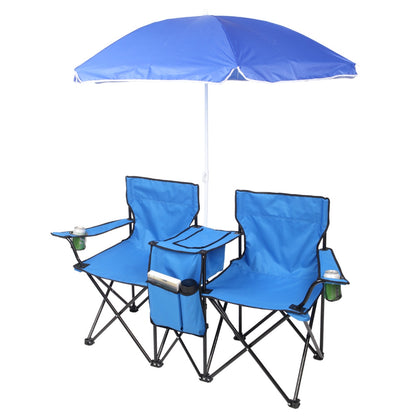 Double Folding Picnic Chairs w/Umbrella Mini Table Beverage Holder Carrying Bag - Home Brains And Brawn