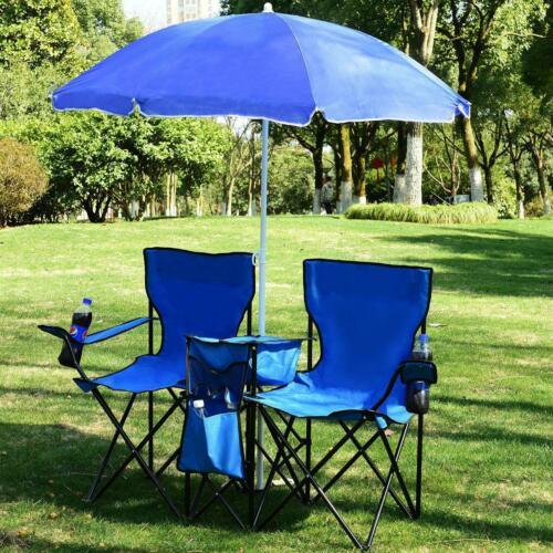 Double Folding Picnic Chairs w/Umbrella Mini Table Beverage Holder Carrying Bag - Home Brains And Brawn
