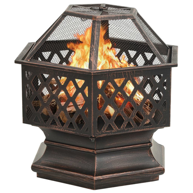 Rustic Hexagonal Fire Pit with Poker 24.4"x21.3"x22" XXL Steel - Home Brains And Brawn