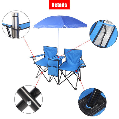 Double Folding Picnic Chairs w/Umbrella Mini Table Beverage Holder Carrying Bag - Home Brains And Brawn