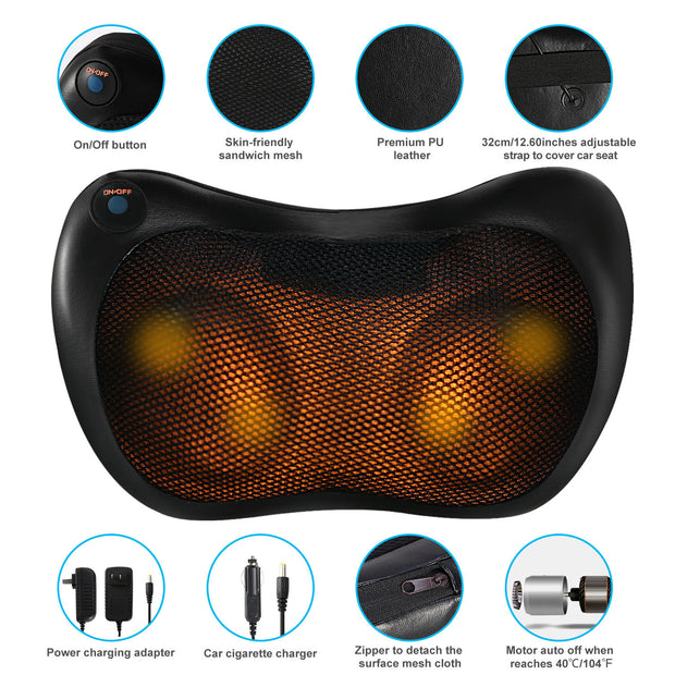 Back Neck Massage Pillow Kneading Massager In-Car Thermotherapy Massage Pillow w/ Car Charger US Plug - Home Brains And Brawn